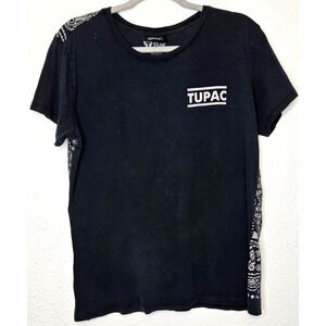 Womens Hip Hop T Shirt 2Pac Tupac Shakur Tee Medium‎ Black Bandana Print Faded